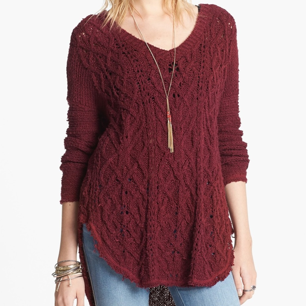 Free People Red Raw Hem Cable Knit Red Sweater